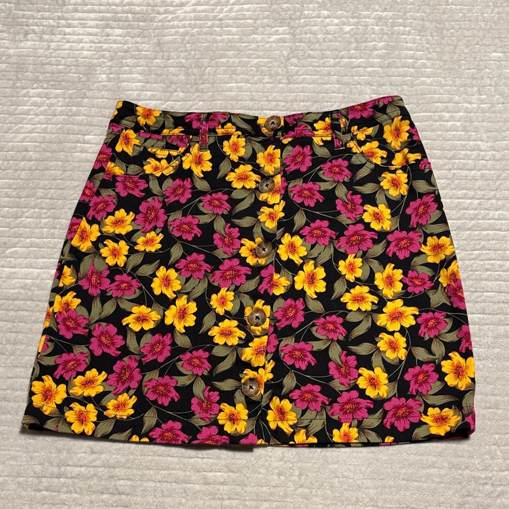 Gianni Bini Black Floral Mini Skirt with Yellow & Pink Flowers